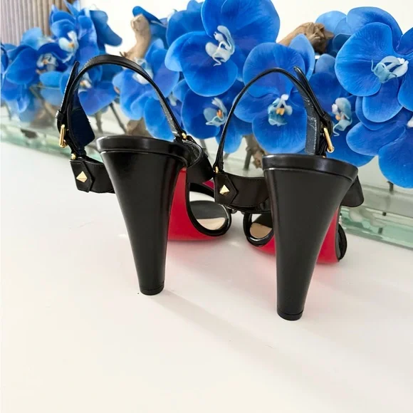 NEW Christian Louboutin Pyrabubble Sandals Heels in Black Leather Gold Studs - Picture 6 of 8